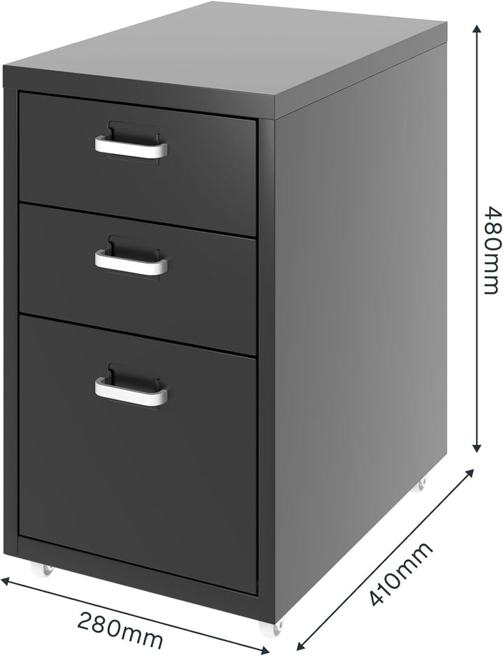 FLEXISPOT Rollcontainer Büroschrank mit 3 Schubladen, Aktenschrank Metallschrank Kommode mit Rädern,