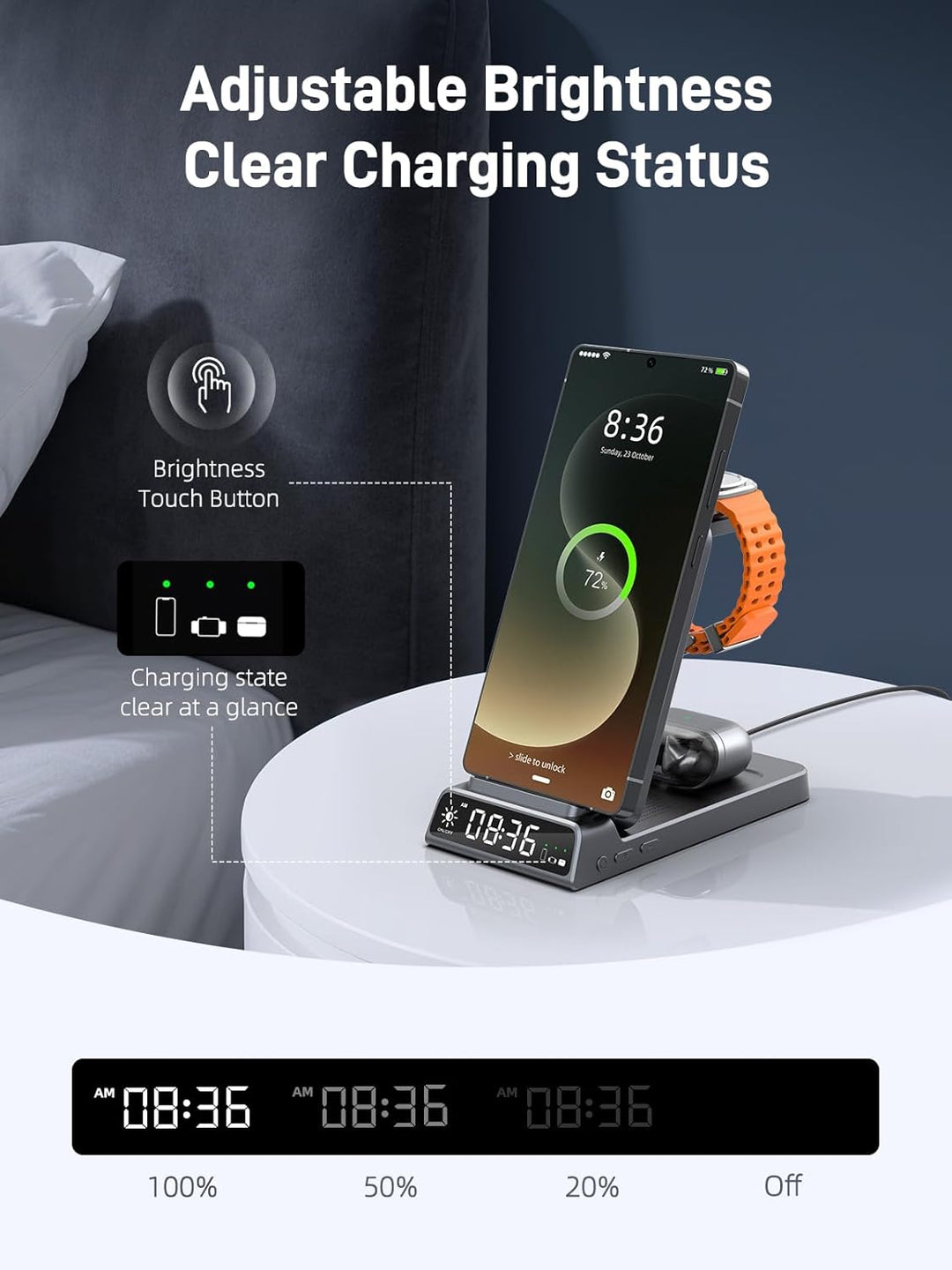 3 in 1 Drahtloses Ladegerät für Samsung Ladestation mit Uhr, Faltbare, Grau | Ladestation für Samsun