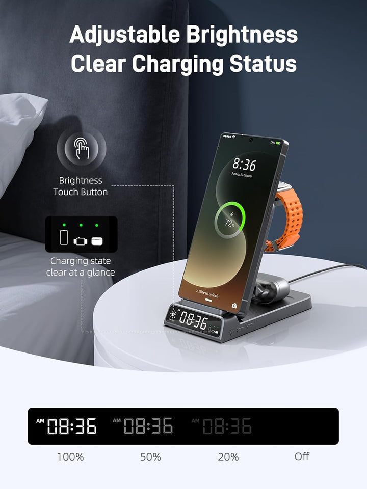3 in 1 Drahtloses Ladegerät für Samsung Ladestation mit Uhr, Faltbare, Grau | Ladestation für Samsun