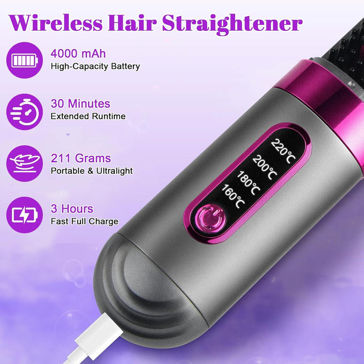 Glättbürste Kabellos, Stylingbürste Für Kurze Langes Haare, Haarglätter Bürste Kabellos mit 4 Wärmes