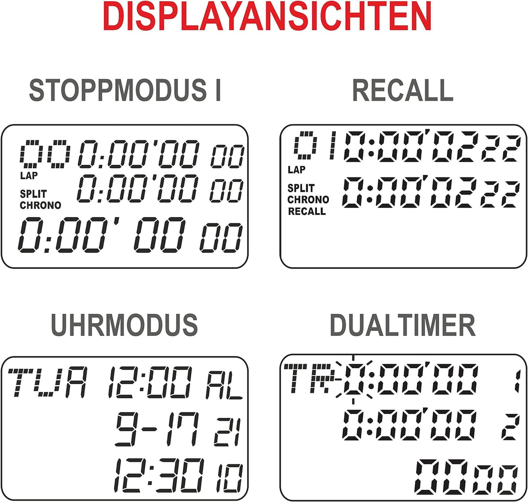SCHÜTT Stoppuhr PC-90 (60 Memory Speicher | Uhrzeit & Datum | Dualtimer) - Digital Profi Stoppuhr mi