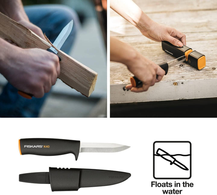 Fiskars Universalmesser, Inklusive Köcher zum sicheren Verstauen, Länge: 22,5 cm, Schwarz/Orange, K4