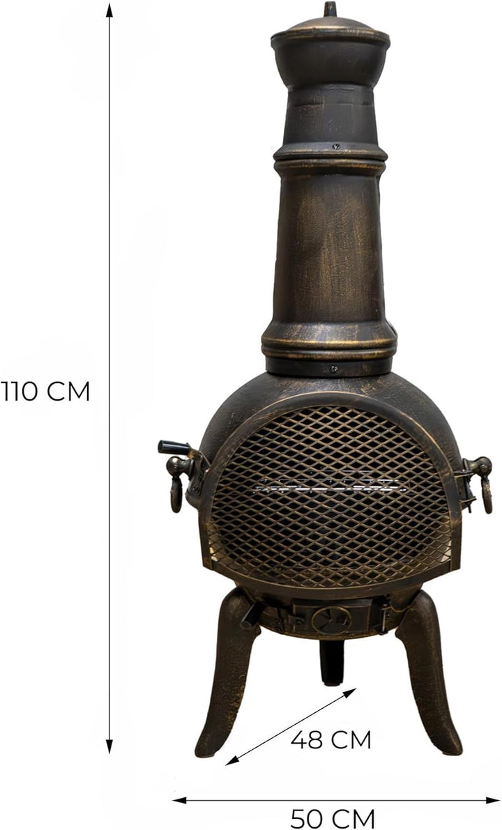 Gusseisen Terrassenofen | Gartenkamin Aztekenofen Feuerstelle | Premium Bronze-Effekt | mit Funkensc