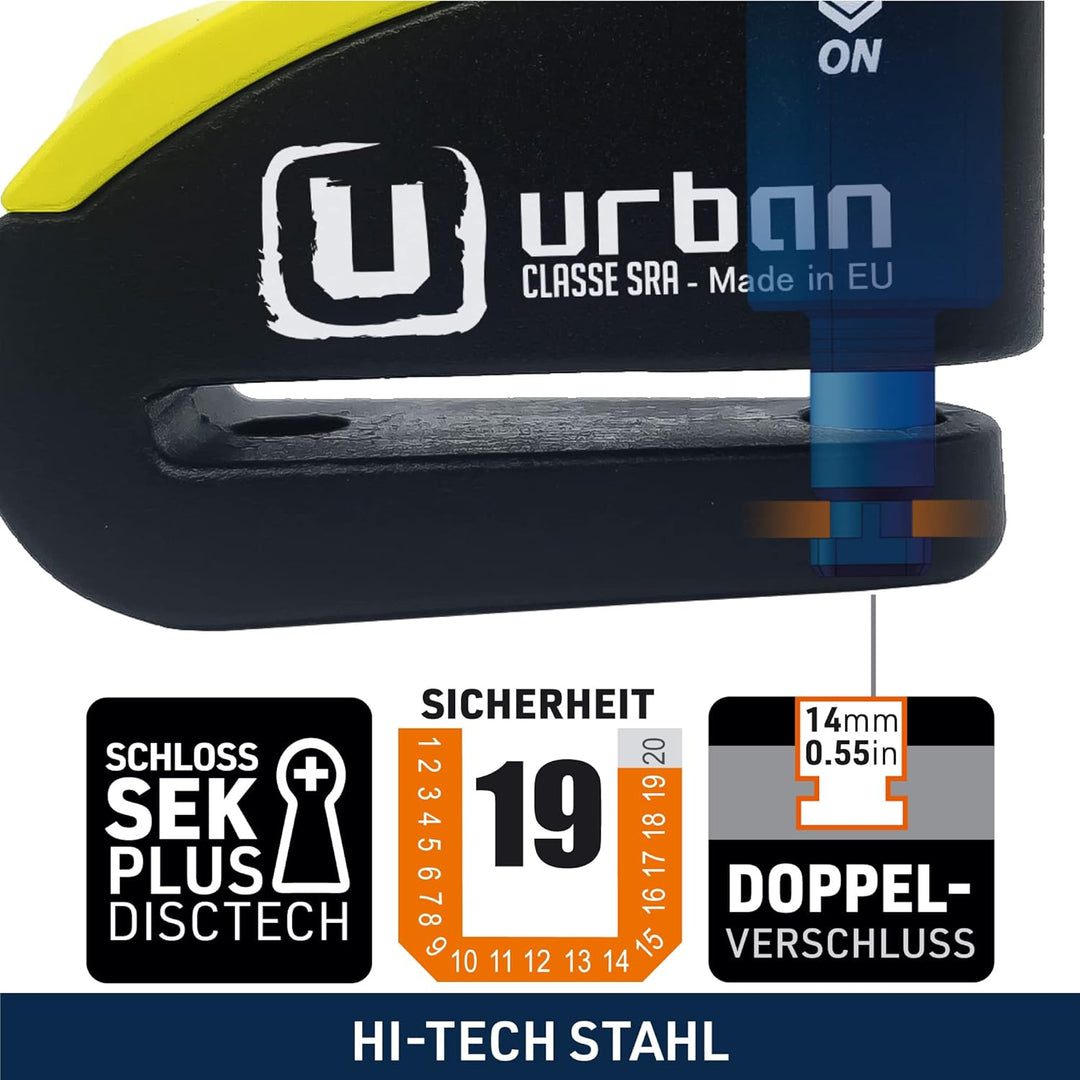 URBAN 999 Hi-Tech Bremsscheibenschloss mit Alarm 120dB ON/OFF Empfindlichkeit A+, Maximale Sicherhei