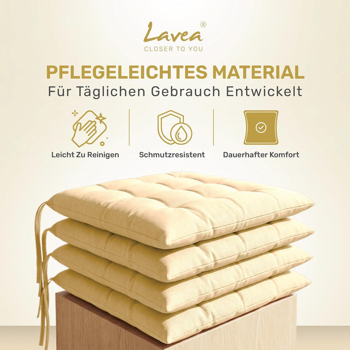 Lavea® Sitzkissen &amp; Stuhlkissen 40x40 cm – 4er Set – mit Stoffbändern – Buiten &amp; Binnen – waschbar &amp;