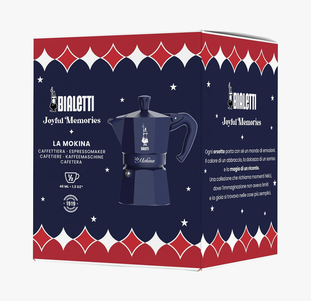 Bialetti 0005411 Mokina Weihnachten 2025 Blau, Moka Espressokocher halbe Tasse aus Aluminium 40 ml