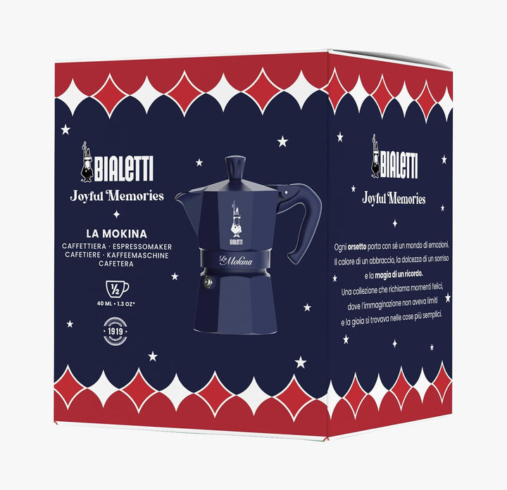 Bialetti 0005411 Mokina Weihnachten 2025 Blau, Moka Espressokocher halbe Tasse aus Aluminium 40 ml