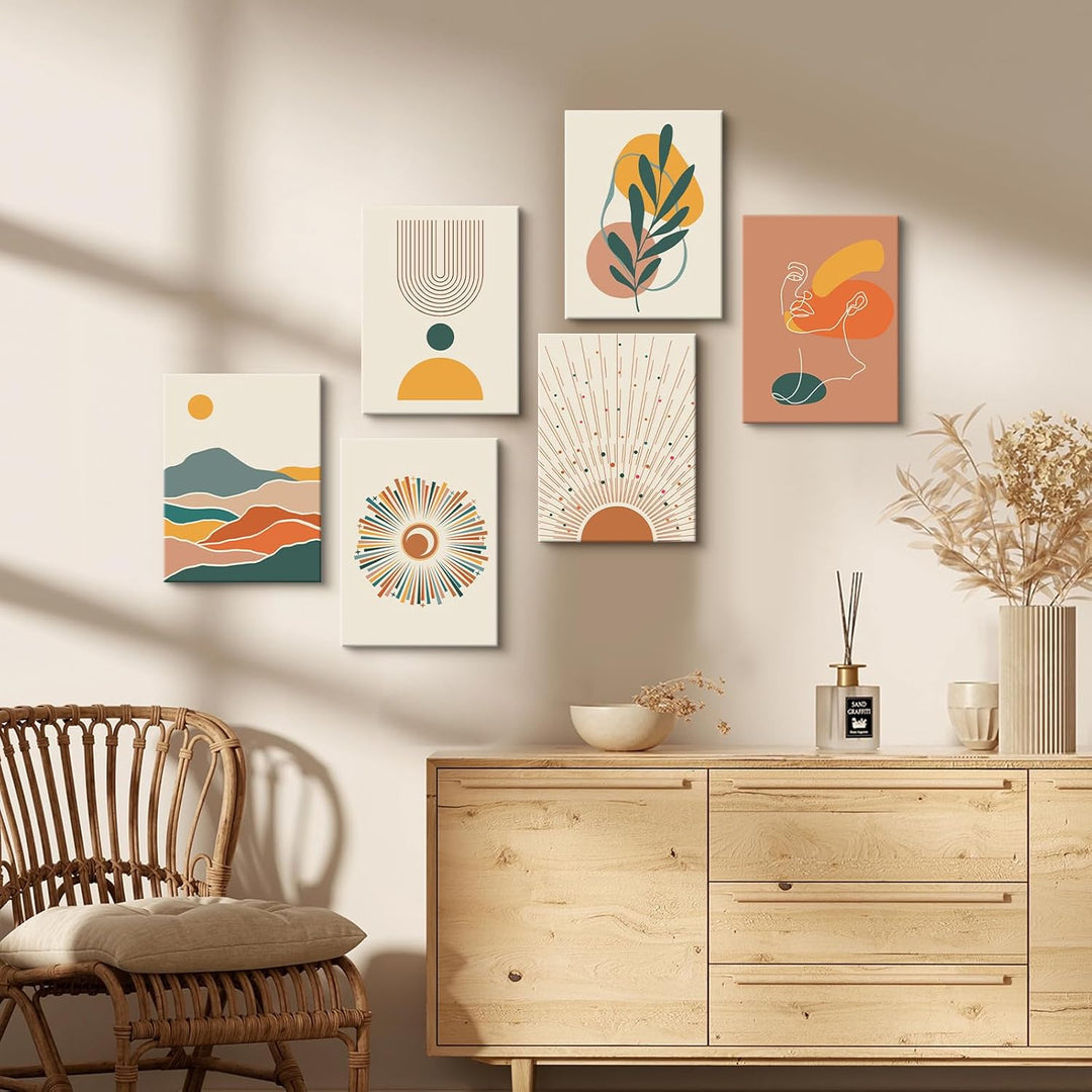 6Pcs Leinwand Bilder Set Mit Rahmen Boho Beige Geometrische Linien Bild auf Leinwand Bohemian Bunte