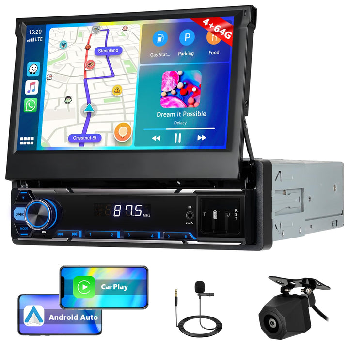 Single Din 4GB+64GB Autoradio mit kabellosem CarPlay Android Auto, 7" Flip Out 1 Din Car Stereo mit