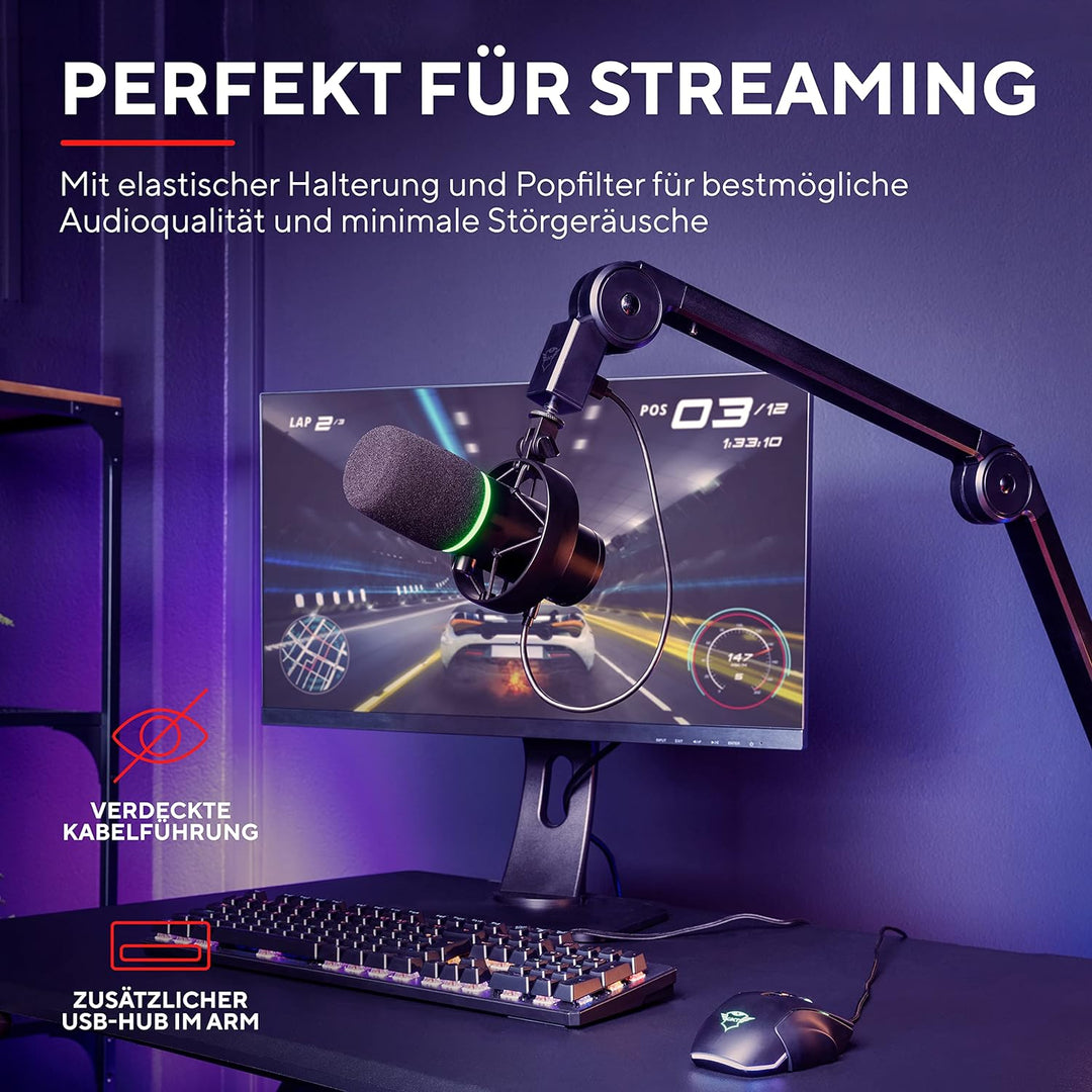 Trust Gaming GXT 255Plus Onyx Professionelles Mikrofon mit Arm, Nierencharakteristik, Popfilter, USB