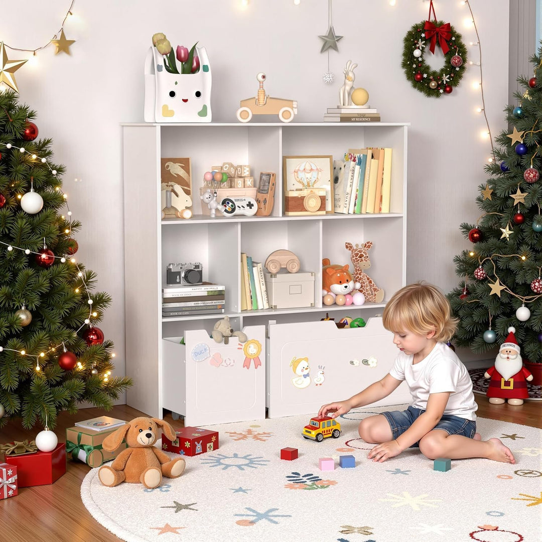 BRINJOY Kinderregal mit 8 Boxen Kinderschrank Holz Bücherregal für Kinder Aufbewahrungsbox mit 2 Bew