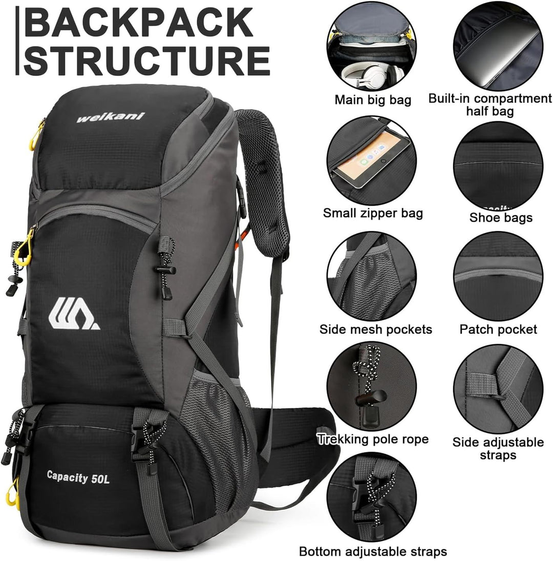 jianyana Wanderrucksack 50L Trekkingrucksack Regenhülle Reiserucksack Wasserdichter Campingrucksack