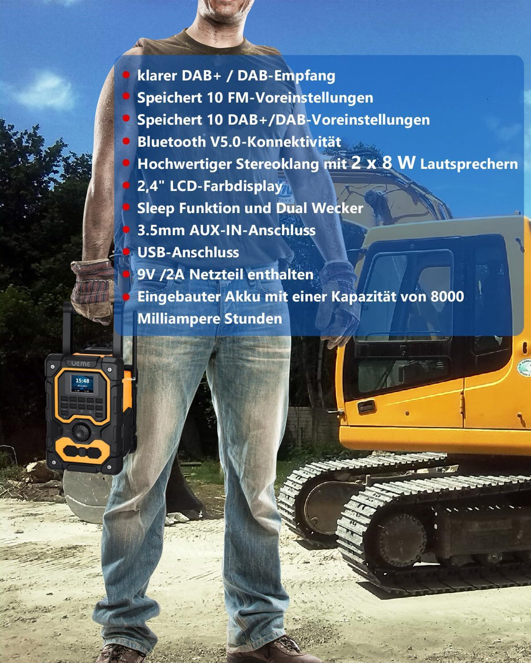 Baustellenradio Robustes DAB+ FM Radio mit Bluetooth, Ladestation, Aux Anschluss, Wiederaufladbarer