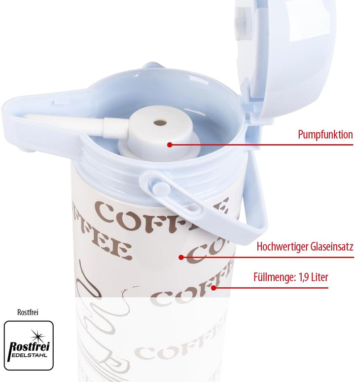 EUROHOME Airpot Pumpkanne 1,9L – Isolierkanne mit Pumpfunktion &amp; Glaseinsatz für langanhaltende Wärm