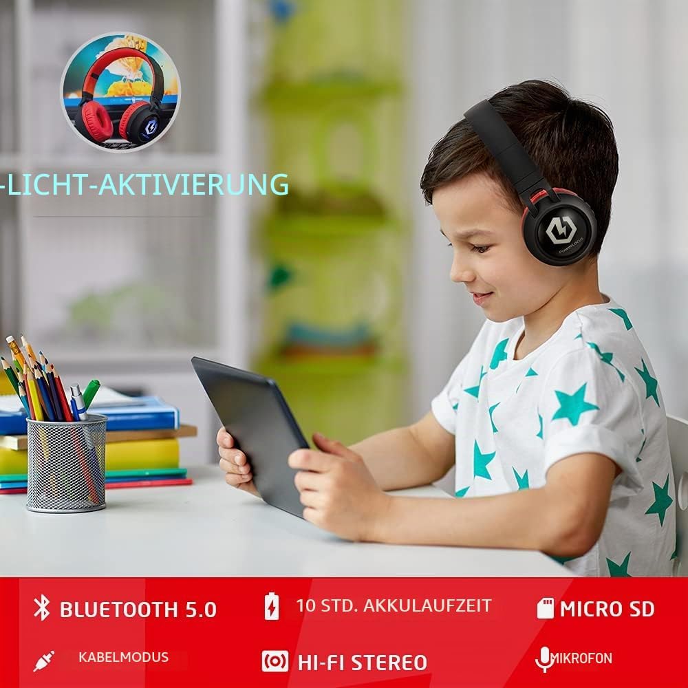 PowerLocus Kinderkopfhörer Bluetooth, Kinder Kopfhörer Over-Ear mit 85db Lautstärkebegrenzung LED-li