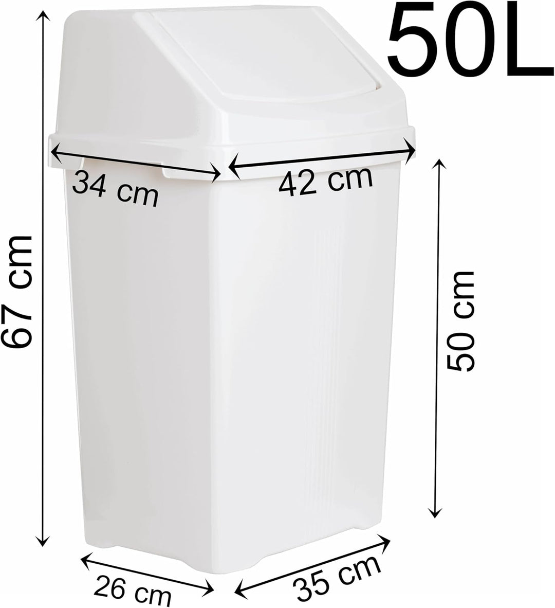 2 STÜCK Mülleimer mit Schwingdeckel 50 Liter eckig Weiss Schwingdeckeleimer Kunststoff Küche Büro Ba