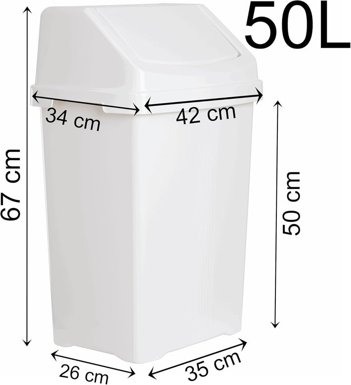 2 STÜCK Mülleimer mit Schwingdeckel 50 Liter eckig Weiss Schwingdeckeleimer Kunststoff Küche Büro Ba