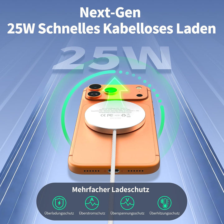 25W magnetisches Wireless-Ladegerät für MagSafe, für iPhone 17/16/15/14/13/12/AirPods mit Schnelllad