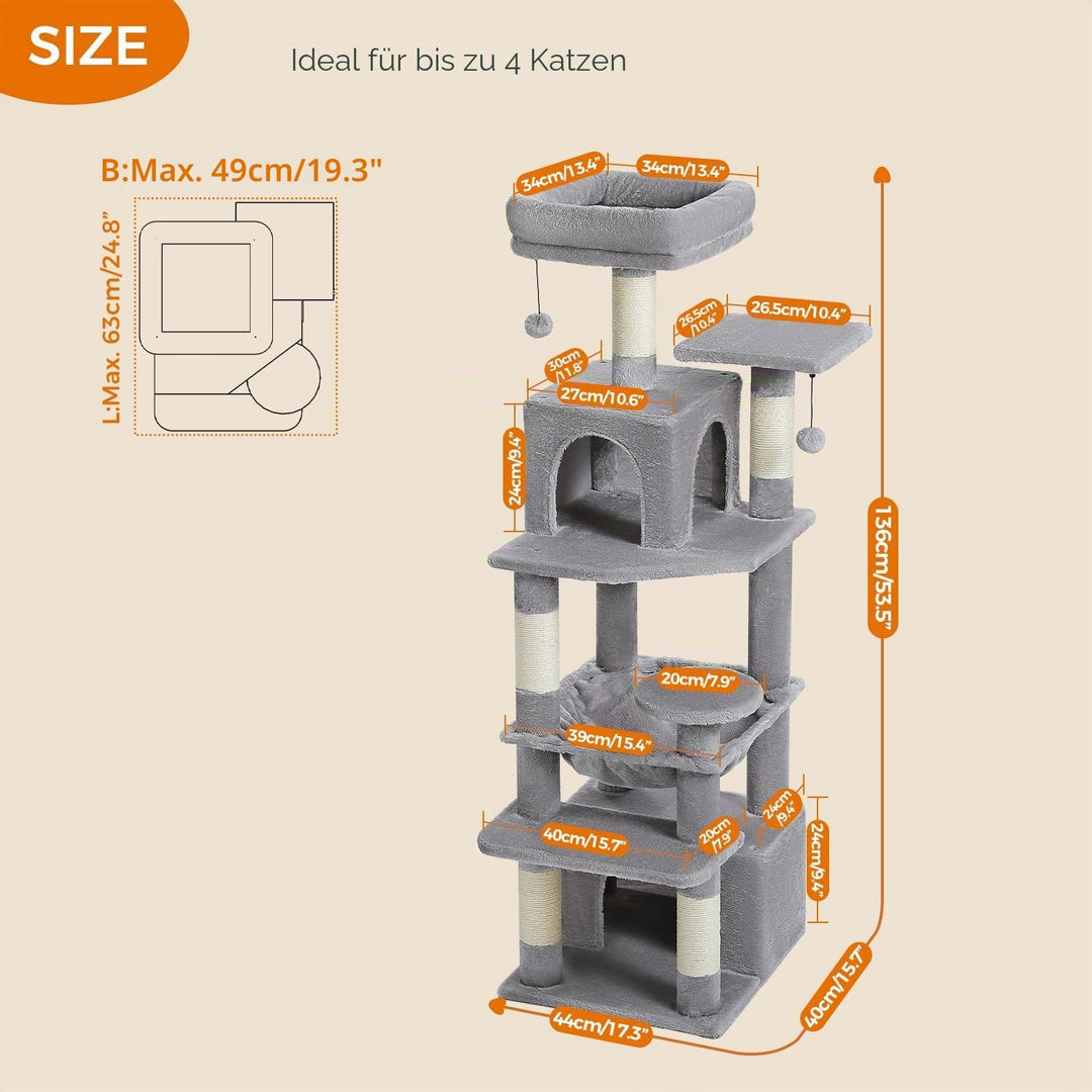 PAWZ Road Grosser Kratzbaum, 136 cm Katzenturm für grosse Katzen, Katzenhaus mit Sisal-bezogenen Kra