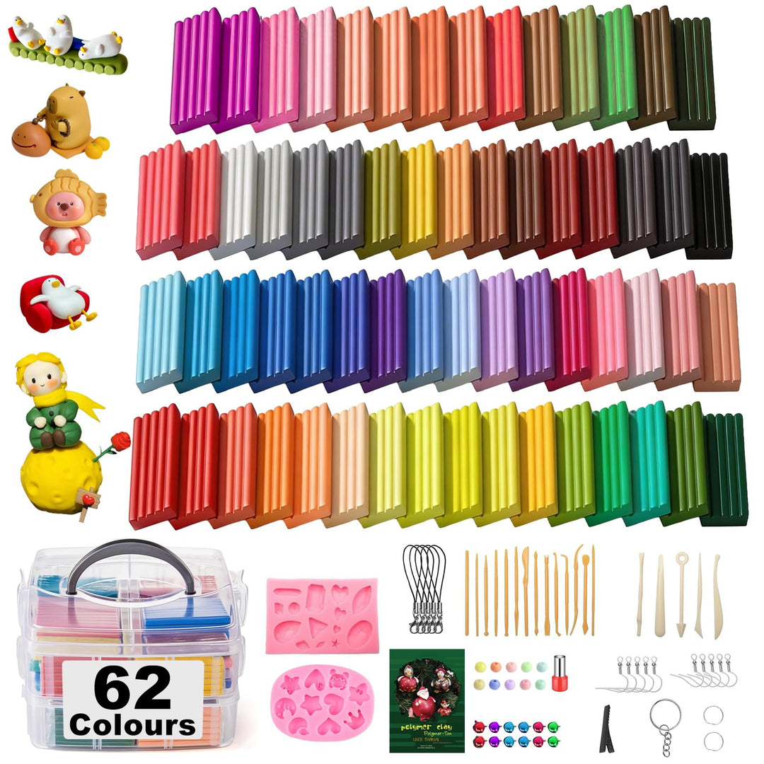 Polymer Clay Set,62 Colours DIY Modelling Clay Oven Baking Clay Kit,20 g/Block Soft Modeling Clay Ki
