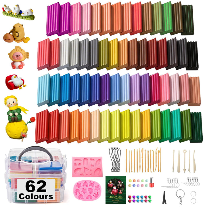 Polymer Clay Set,62 Colours DIY Modelling Clay Oven Baking Clay Kit,20 g/Block Soft Modeling Clay Ki