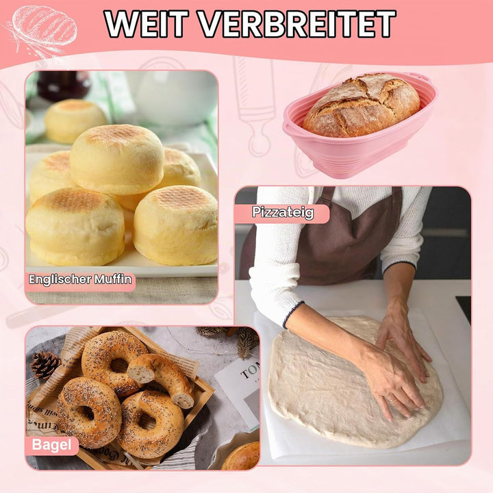 Gärkörbchen Set,Gärkorbaus Hochwertigem Silikon,2 Gärkörbchen Oval aus Silikon mit Silikonbürsten, S