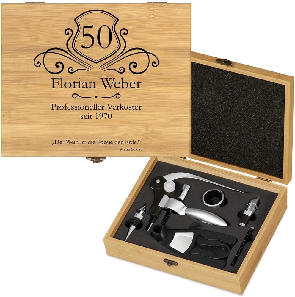 Maverton Weinöffner-Set personalisiert Weinset Sommelier Set - Geschenkbox Holzbox + 6er Weinzubehör