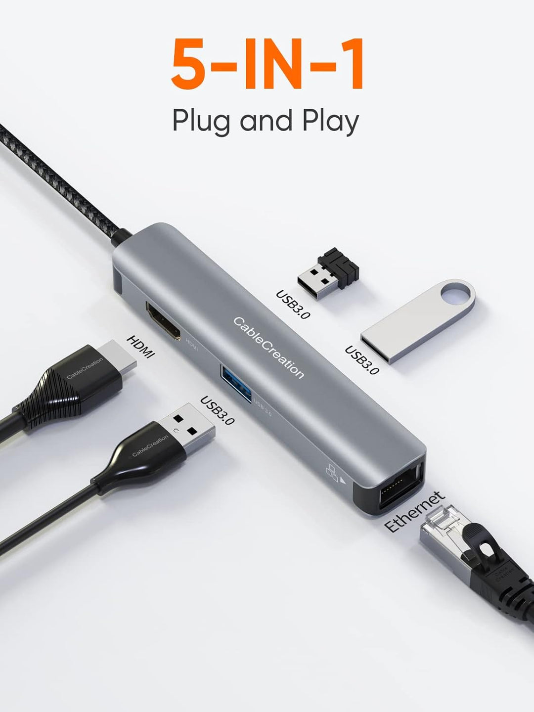 USB-C Hub Multiport Adapter, CableCreation 5-in-1 USB C Hub Ethernet HDMI mit 4K@30Hz, 3 USB 3.0-Ans