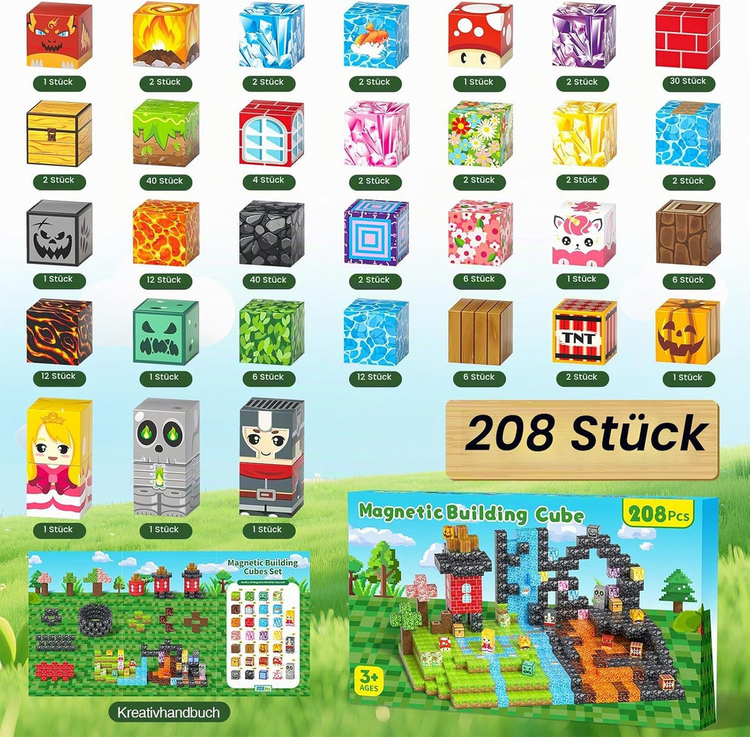 Magnetische Bausteine Kinder ab 3-9 Jahren, 208PCS Magnet Würfel Set | Upgrade-Magnet-Set, 208 Teile