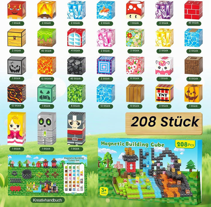 Magnetische Bausteine Kinder ab 3-9 Jahren, 208PCS Magnet Würfel Set | Upgrade-Magnet-Set, 208 Teile