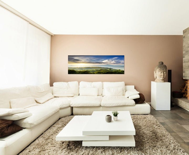 Paul Sinus Art Panoramabild auf Leinwand und Keilrahmen 150x50cm Ukraine Berge Wald Sonnenaufgang Wo