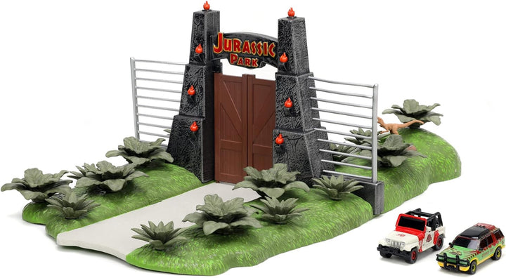 Jada Toys Jurassic World Nano Scene (17x18 cm) - Spiel-Kulisse mit Jurassic Park Tor, 2 Metall-Autos