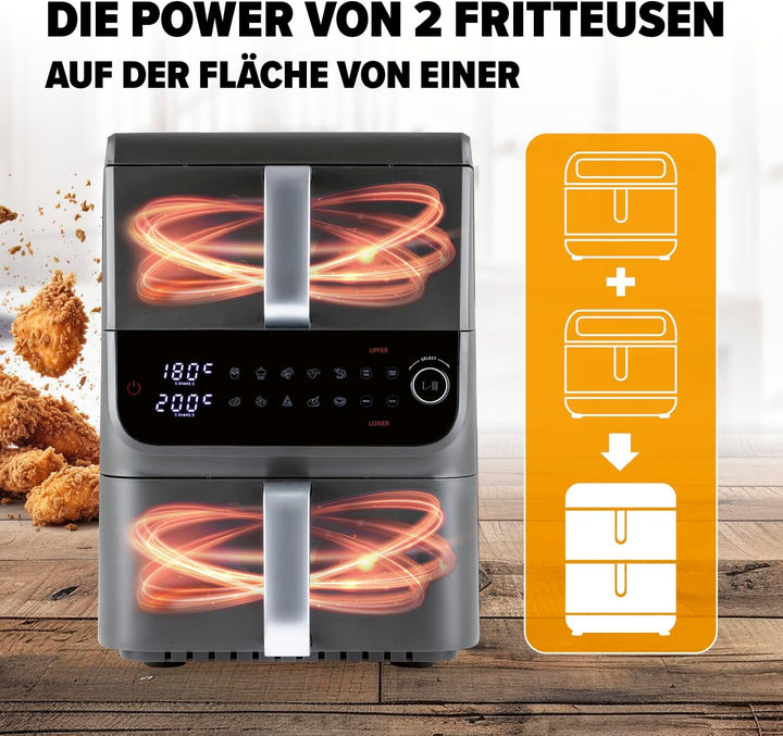 GOURMETmaxx FryUp Doppelkammer Heissluftfritteuse MultiSize - 10 L | vertikaler Airfryer mit 2 Kamme