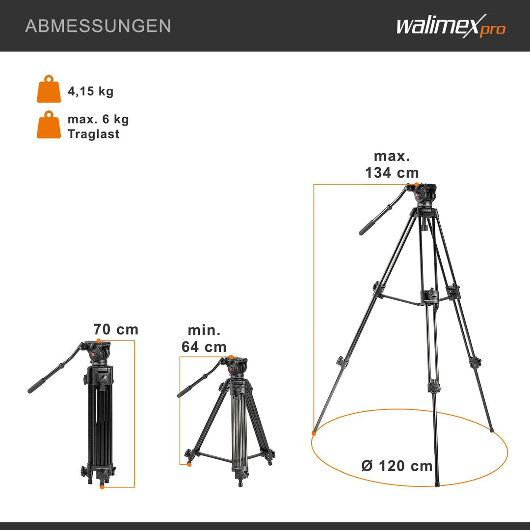 Walimex Pro EI-9901 Video-Pro-Stativ (max. Höhe 138 cm, Videoneiger, Mittelspinne, Belastbarkeit 6 k