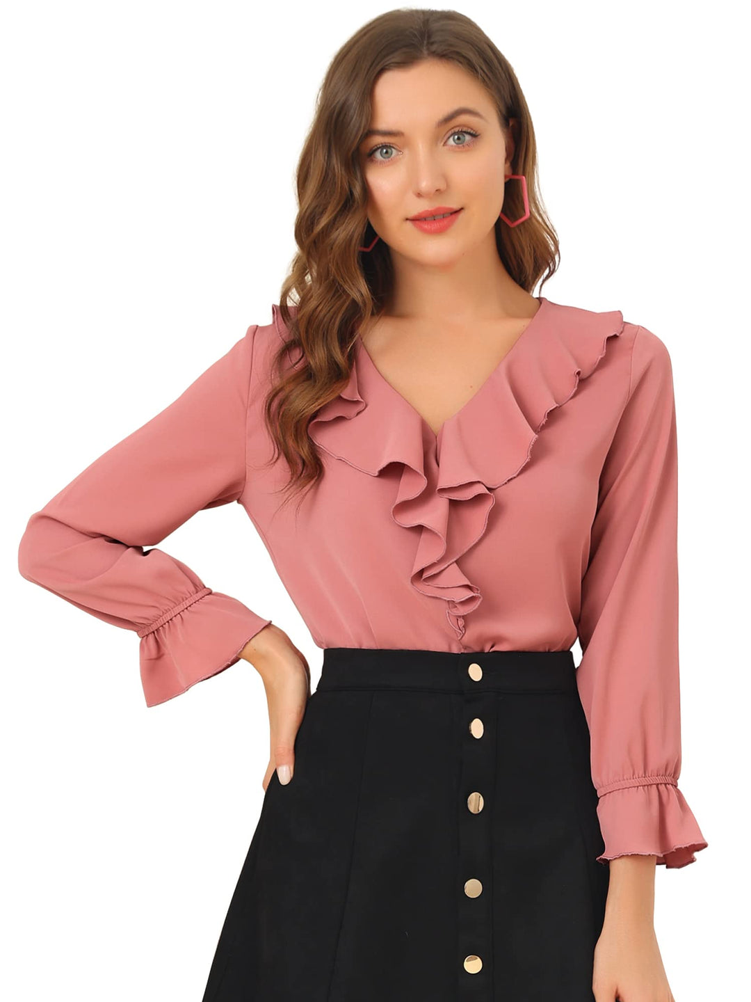 Allegra K Damen Chiffon Bluse Langarm V-Ausschnitt Rüschen Volant Oberteil Elegantes Shirt XL Dunkel