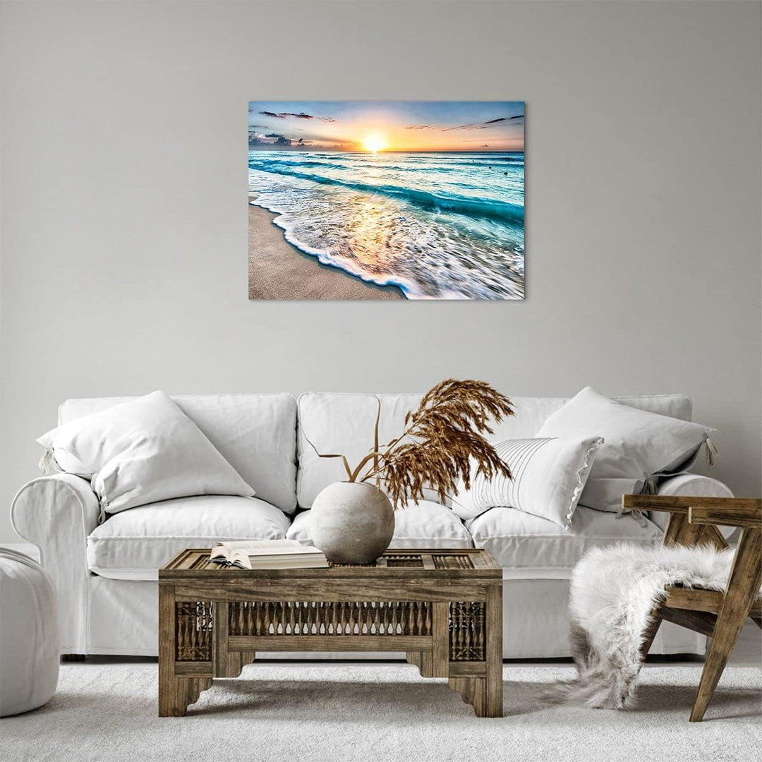 Bilder auf Leinwand Meer Welle Strand Leinwandbild mit Rahmen 70x50cm Wandbilder Dekoration Wohnzimm