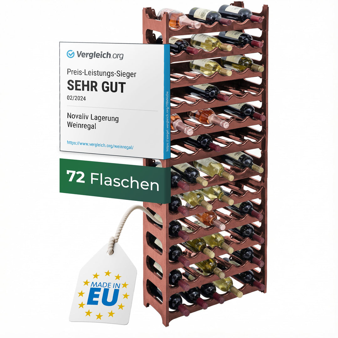 Novaliv Flaschenregal für 72 Flaschen | Weinregal braun | Regal aus stabilem Kunststoff, stapelbar (