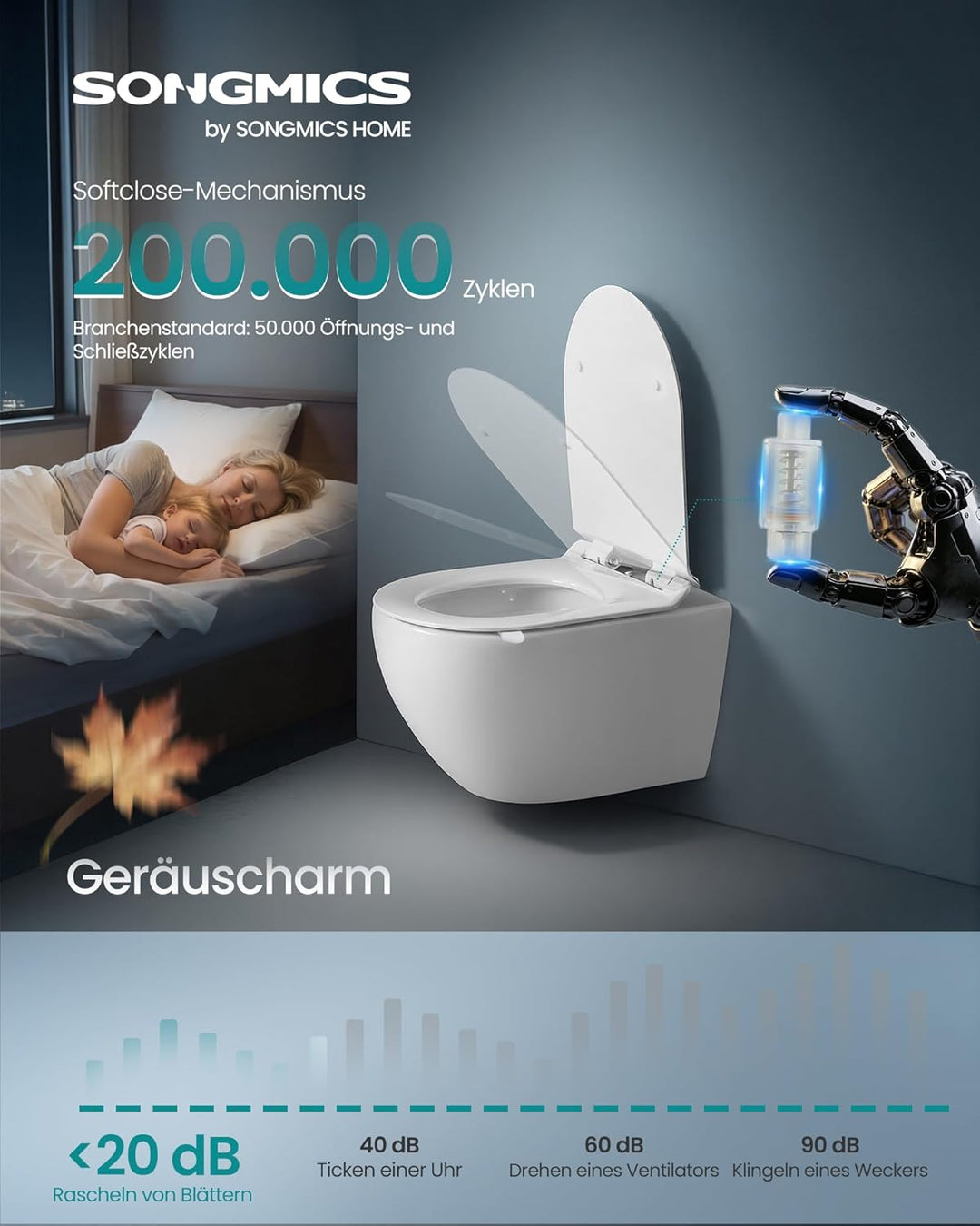 SONGMICS Toilettendeckel, lange D-Form, WC-Sitz mit Absenkautomatik, Toilettensitz schnell abnehmbar