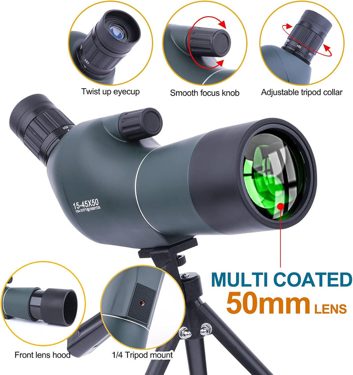 15-45x50 Spektiv mit Stativ, Tragetasche und Smartphone Adapter, HD Wasserdichtes Monokularfernrohr