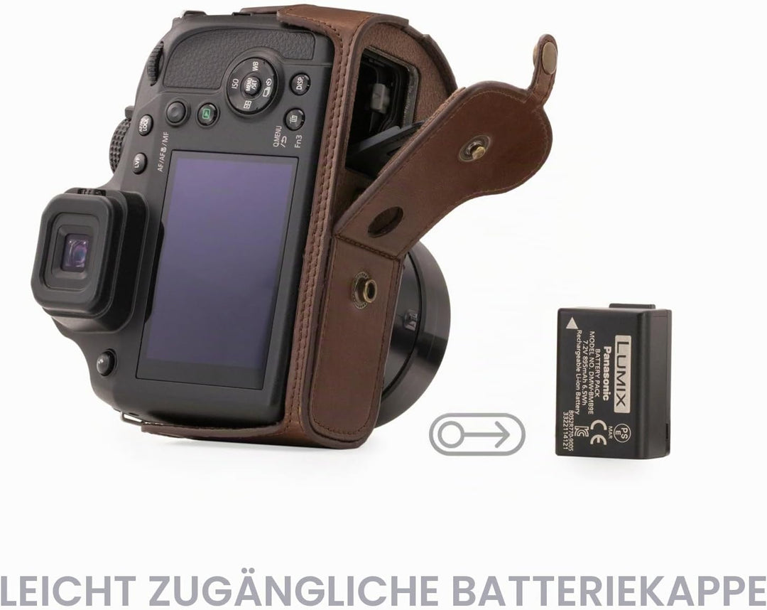 MegaGear Panasonic Lumix DC-FZ80, FZ82 Ever Ready Leder Kamera-Case mit Trageriemen und Batteriezuga