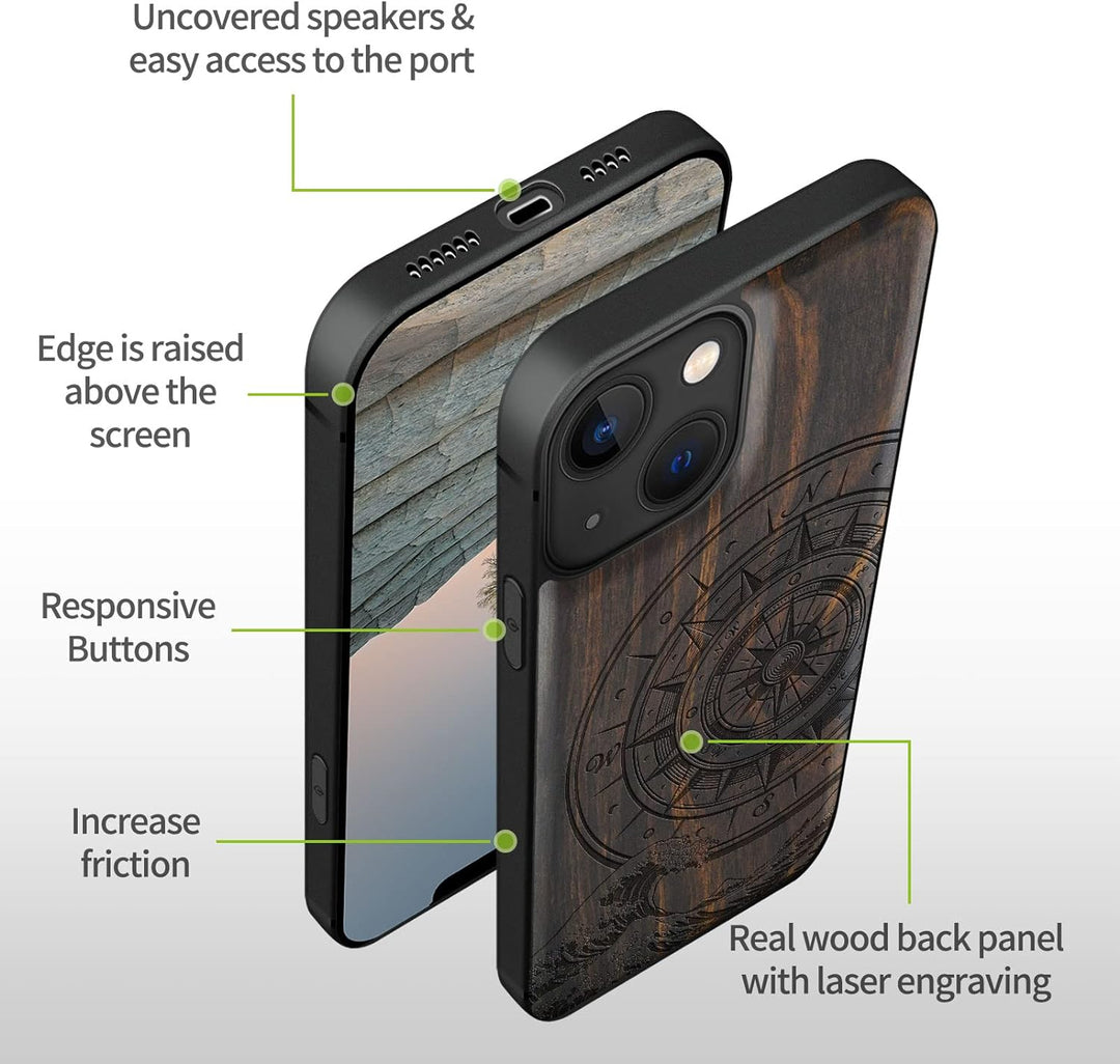 Carveit Magnetisch Hülle für iPhone 13 Mini [Elegante Schwarzholz] [Weich TPU Stossstange] Stossfest