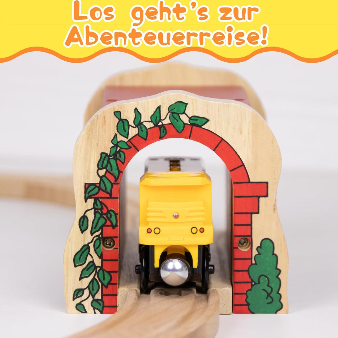 Holzeisenbahn Roter Tunnel Set mit 2 Kurzen Geraden, Holzeisenbahn Zubehör kompatibel mit führenden