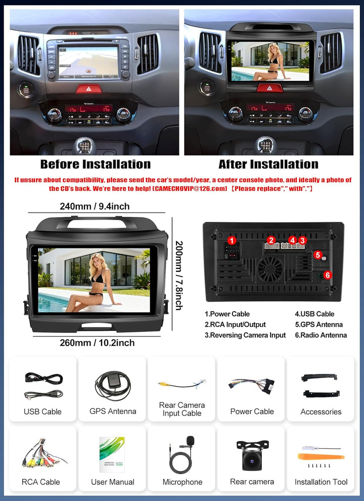 CAMECHO 4G+128G Android 15 Autoradio für Kia Sportage 3 III SL 2010-2016 mit Navi Carplay Android Au
