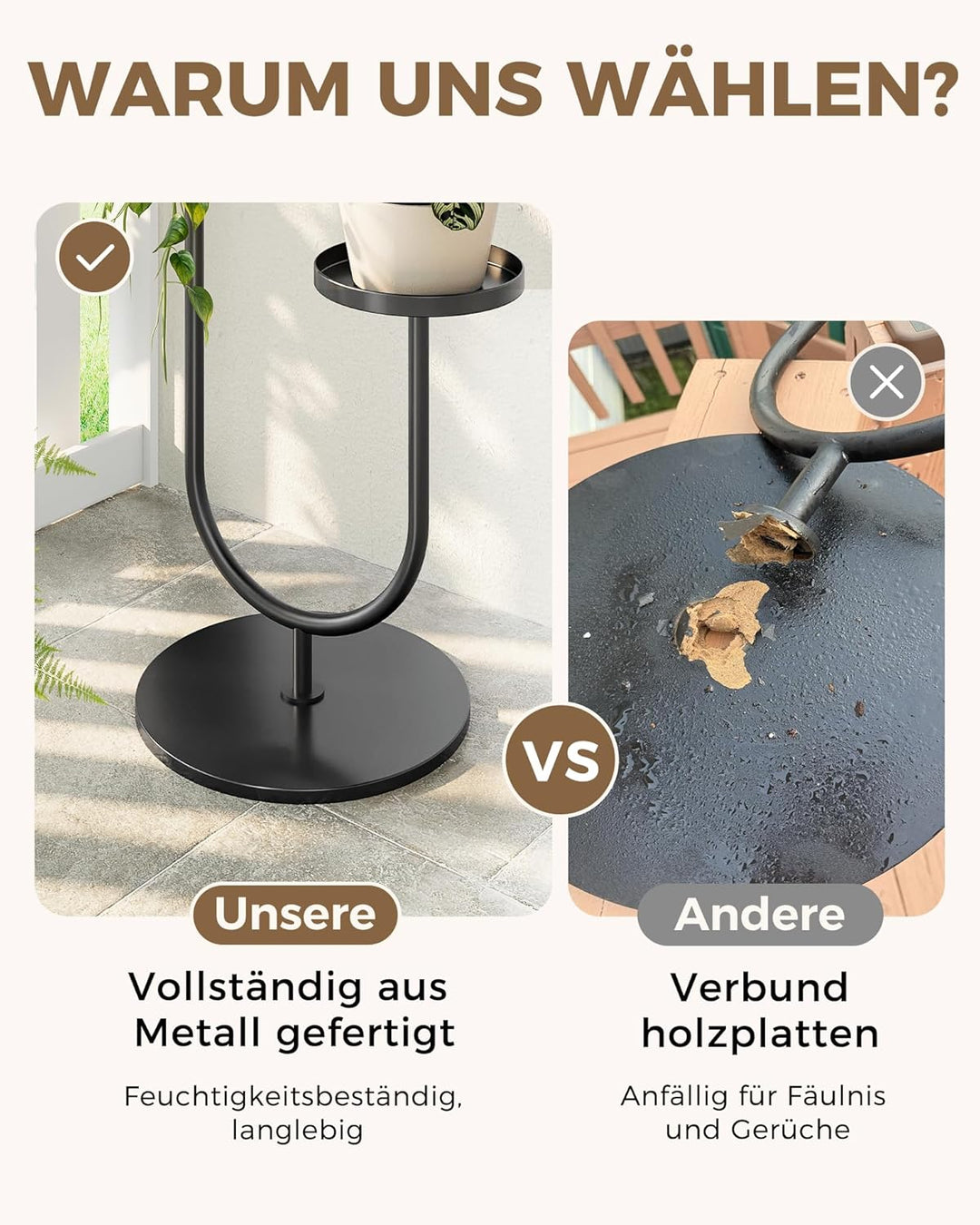 Bamworld Blumenständer Metall Schwarz, Pflanzenständer Indoor Outdoor, Modernes 2-stufiges Pflanzenr