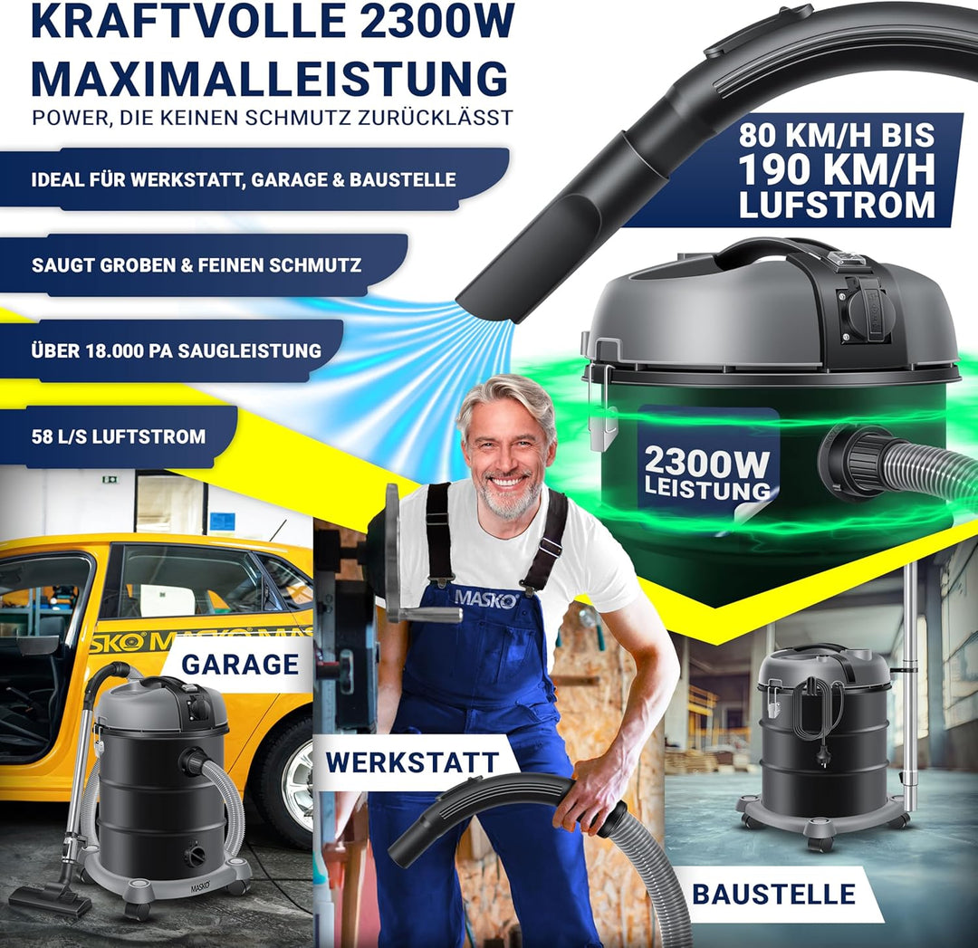 Masko® Industriestaubsauger Staubsauger Nass Trocken Sauger Edelstahl 2300W + Steckdose | Blasfunkti