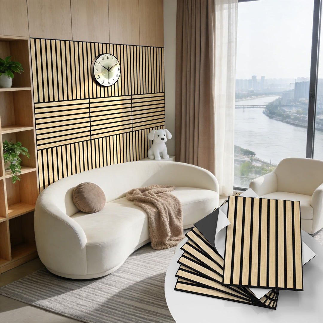 WADILE Selbstklebende Holz-Lamellen Wandpaneele 30×40 cm, PVC Akustikpaneele Schallabsorbierend für