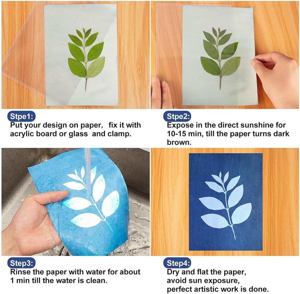 Sun Print Paper Kit, 100 Blatt Cyanotypie-Papier mit 4 Blatt Acrylplatte, A5 Sun Art Papier, Solar P