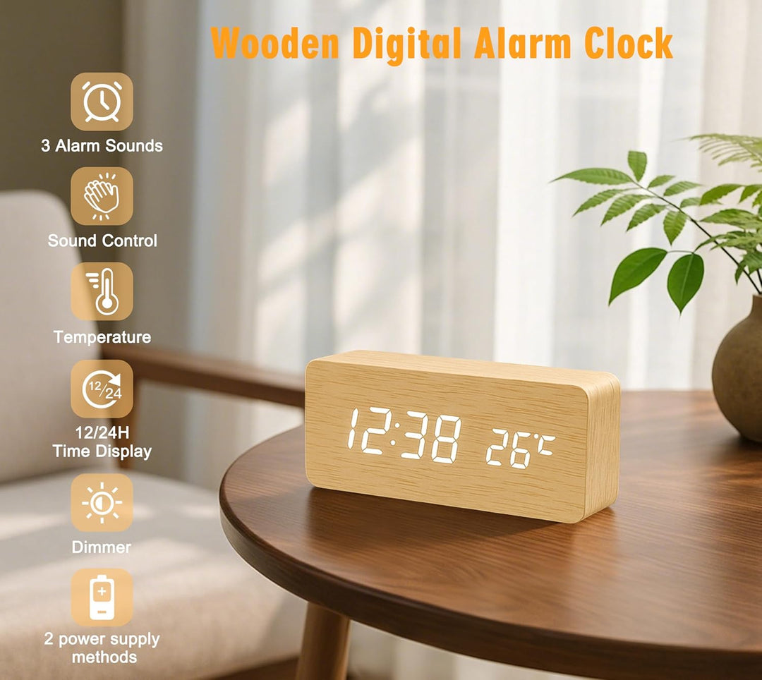iTOMA Kleiner Holz-Wecker mit 3 Alarmen, manuellem Dimmer, 12-/24-Stunden-Format und weisser LED-Anz