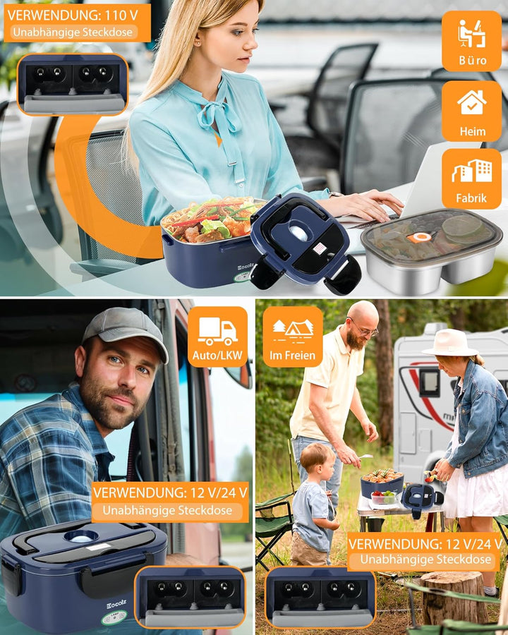 Eocolz Elektrische Lunchbox mit Speisenwärmer 80-100W, tragbarer 1,5L-Behälter mit zwei Behältern fü