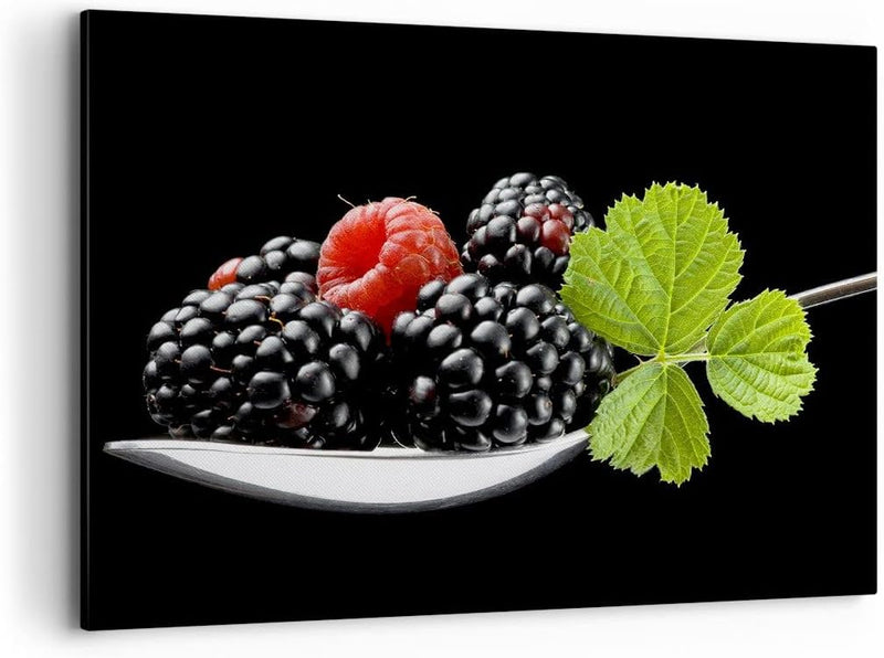 Bilder auf Leinwand 100x70cm Leinwandbild Löffel Himbeere Brombeere Frucht Gross Wanddeko Bild Schla